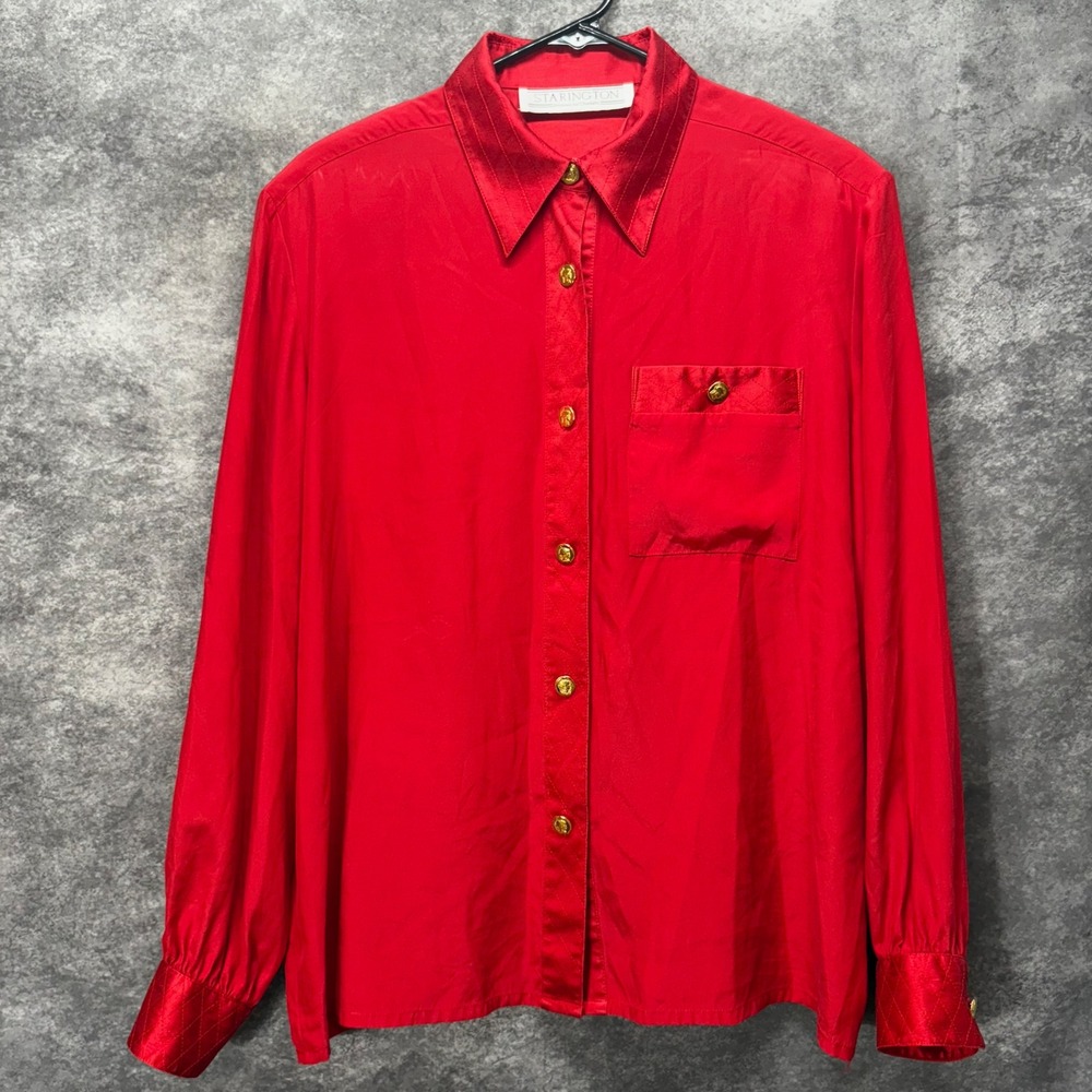 Starington Vintage Red Silk Button Down Blouse Womens L Old Money Gold Medallion